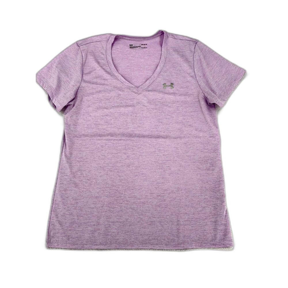 Under Armour Womens HeatGear V Neck T Shirt Purple Short Sleeve Athletic Top LG
